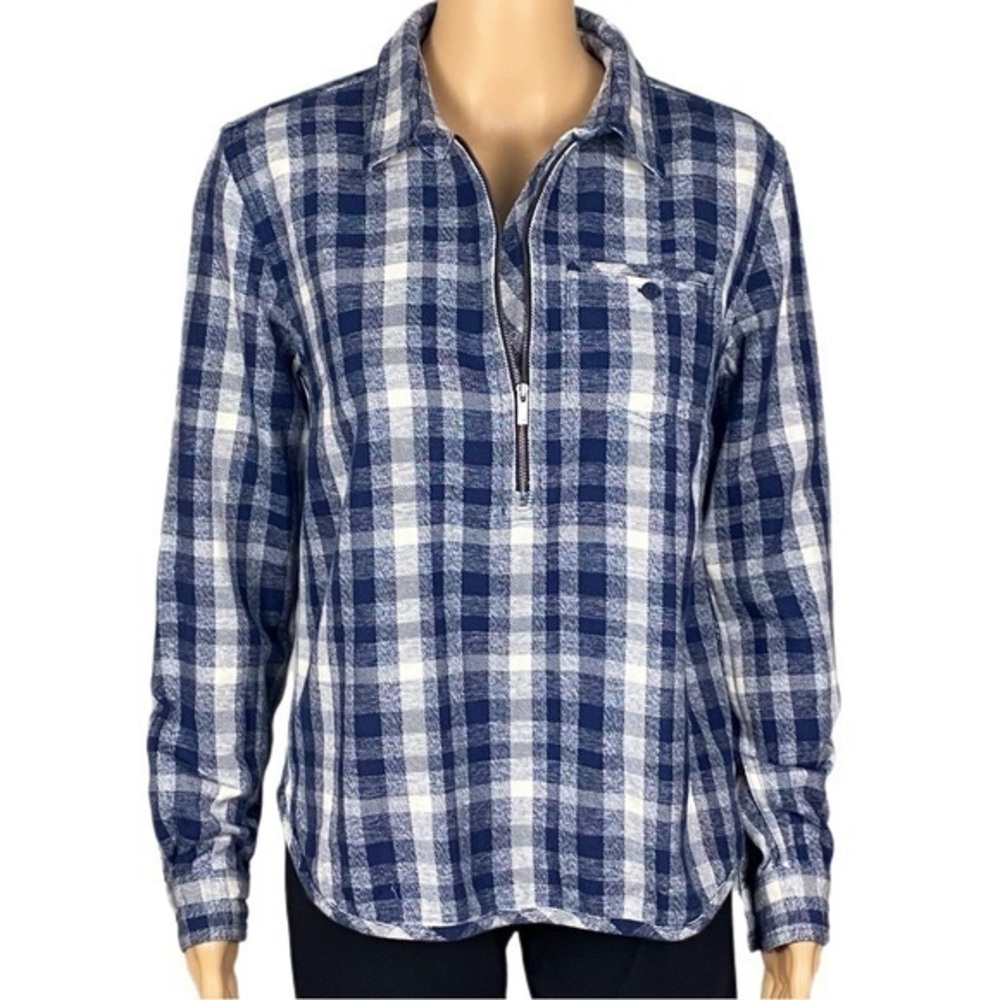 TOAD & CO. “Bodie” navy and white plaid 1/2 zip shirt with pocket. Size XS. EUC
